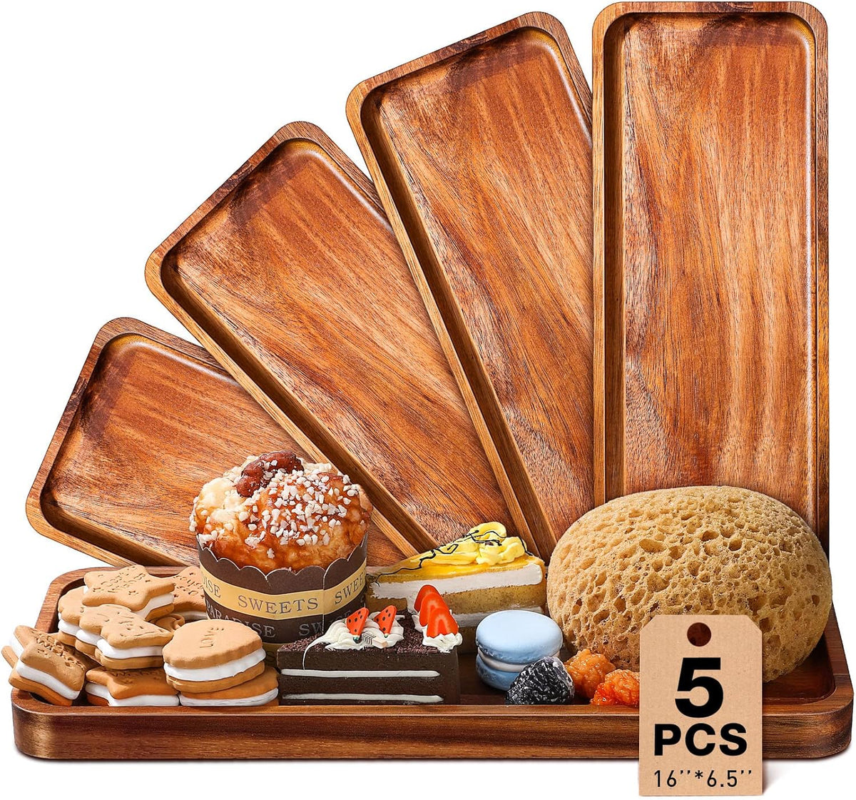 Roowest 5 Pack Solid Acacia Wood Serving Trays for Laser Engraving Rectangular Wooden Board for