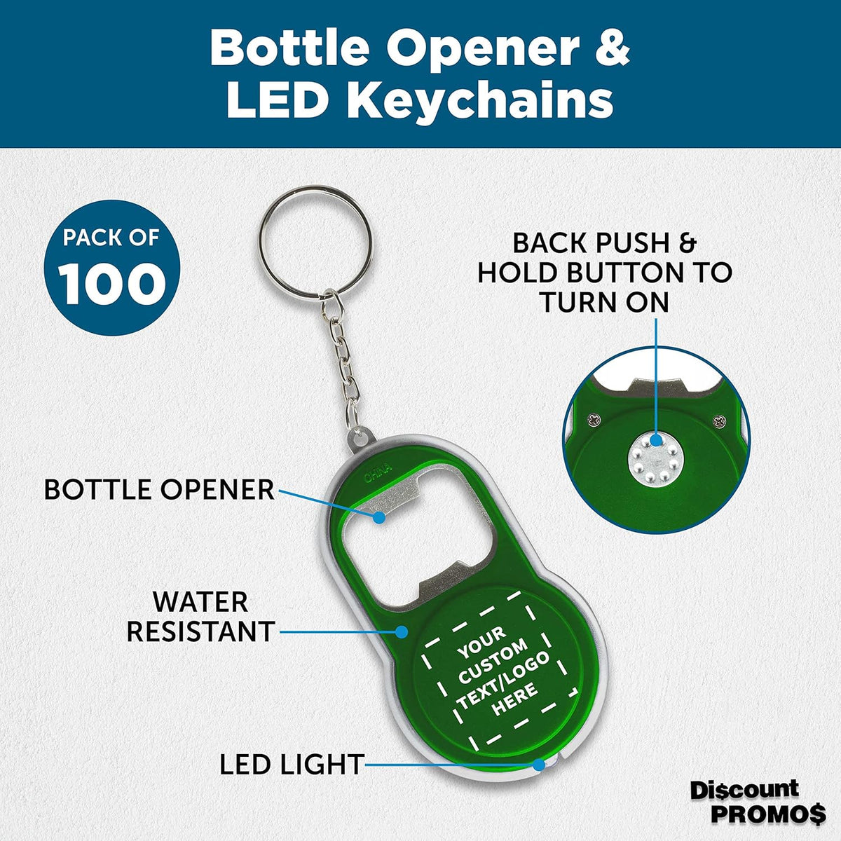 DISCOUNT PROMOS Custom Bottle Opener & LED Keychains Set of 100, Personalized Bulk Pack - Perfect