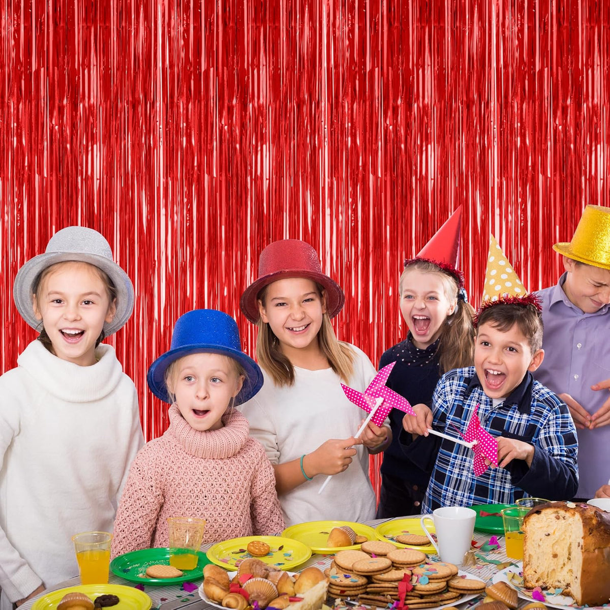 12 Pack Red Curtains, 3.28 FT x 7.05 FT Party Streamer, Metallic Party Backdrop Birthday Streamer