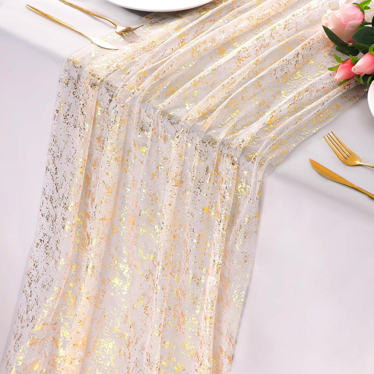 Snowkingdom 3Pcs 10 Ft Gold Table Runners, Sheer Chiffon Tulle Cheesecloth Wedding Runner, Golden