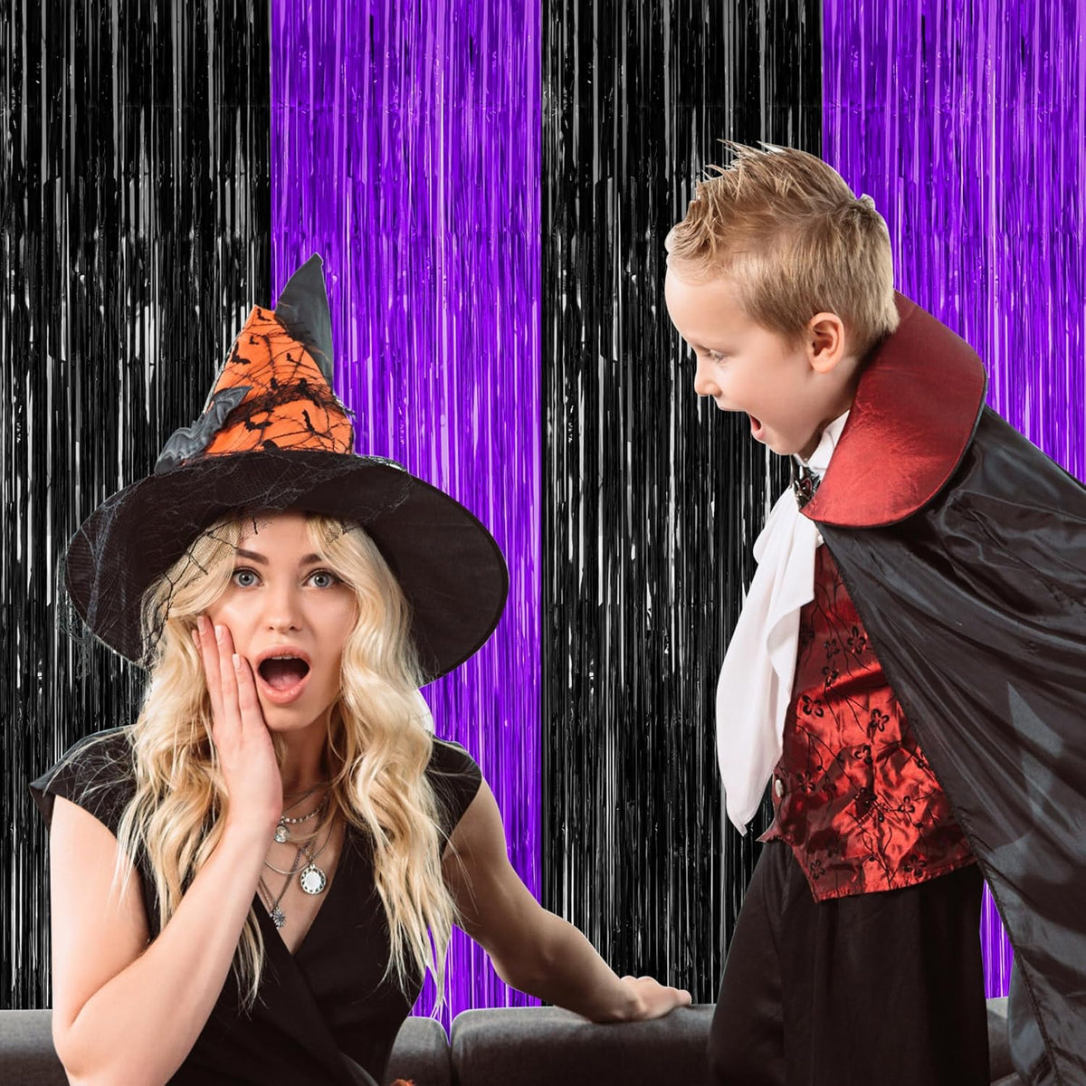 2 Pack Halloween Decor, 3.28 FT x 7.05 FT Purple and Black Foil Streamer, Metallic Fringe Curtains