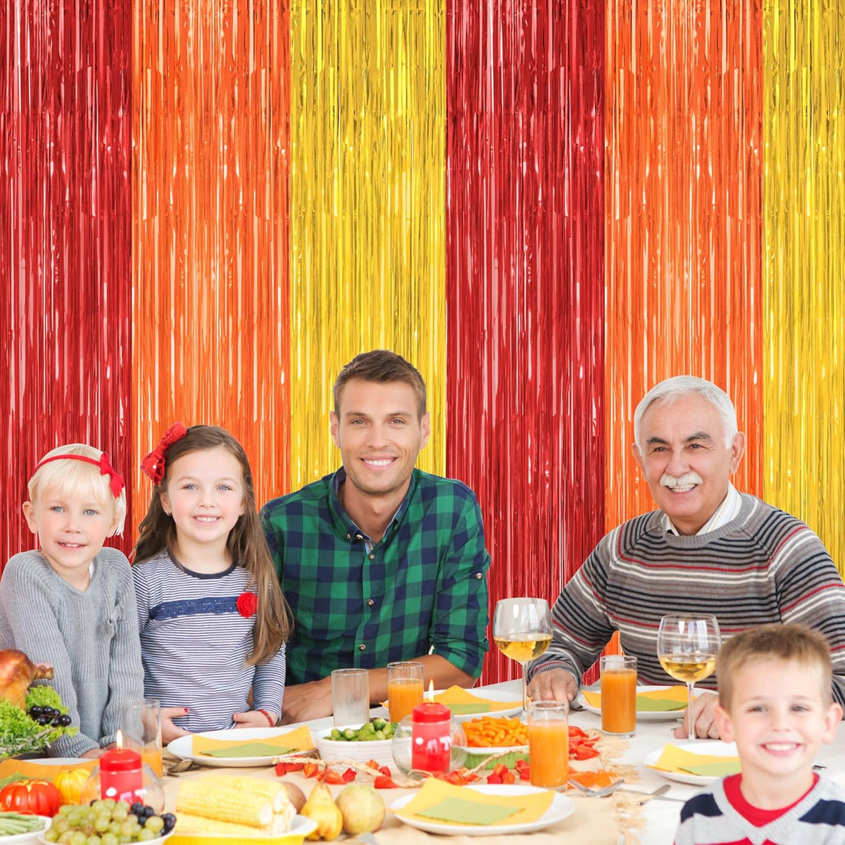 2 Pack Thanksgiving Backdrop, 3.28 FT x 7.05 FT Red Orange Gold Party Streamer, Metallic Fringe