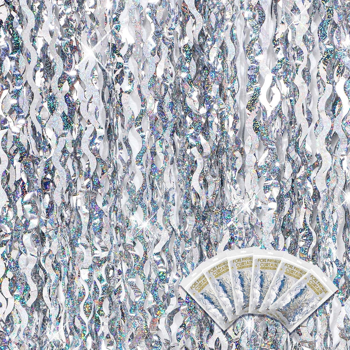Jutom 6 Pieces 3.3 x 6.6 ft Wavy Tinsel Foil Fringe Curtains Foil Fringe Streamer Backdrop Party