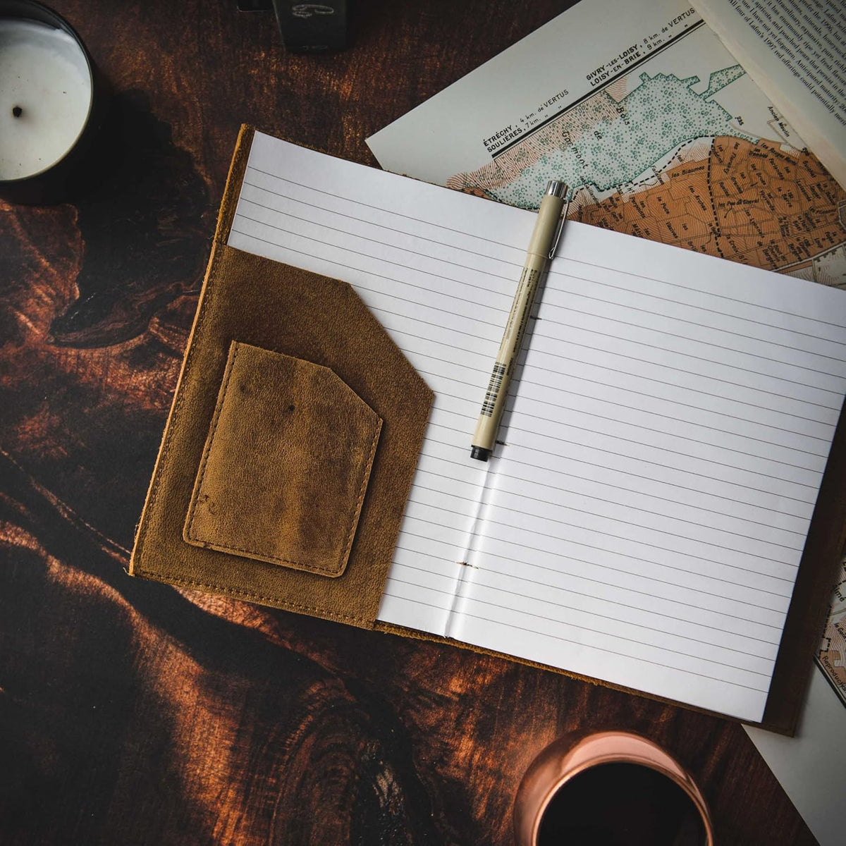 Refillable Leather Journal | Premium Lined A5 Notebook Cover | 200 Ruled Writing Pages | Card