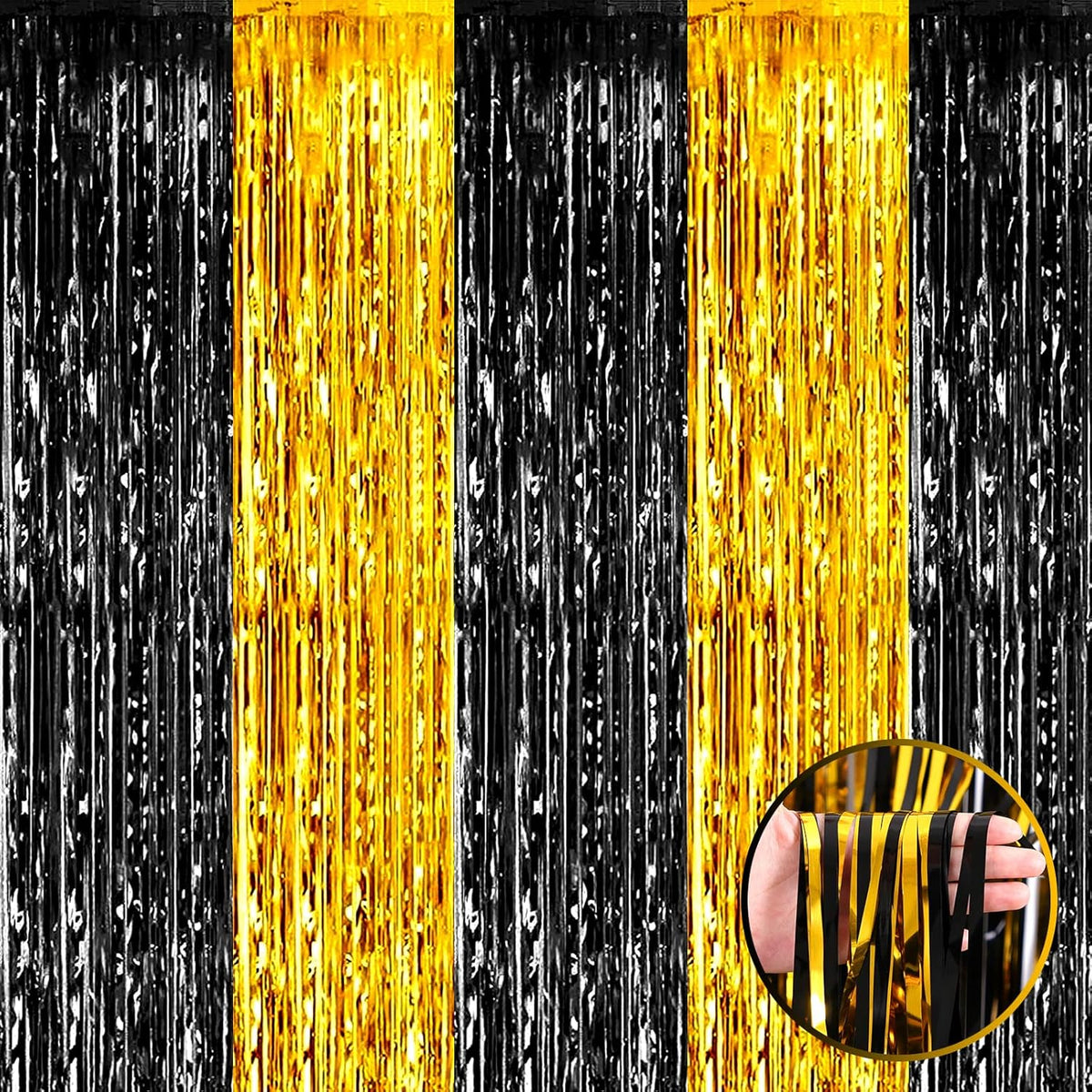 4 Pack Black Gold Foil Fringe Curtain Backdrop, 3.28Ft x 8.2Ft Metallic Tinsel Foil Fringe