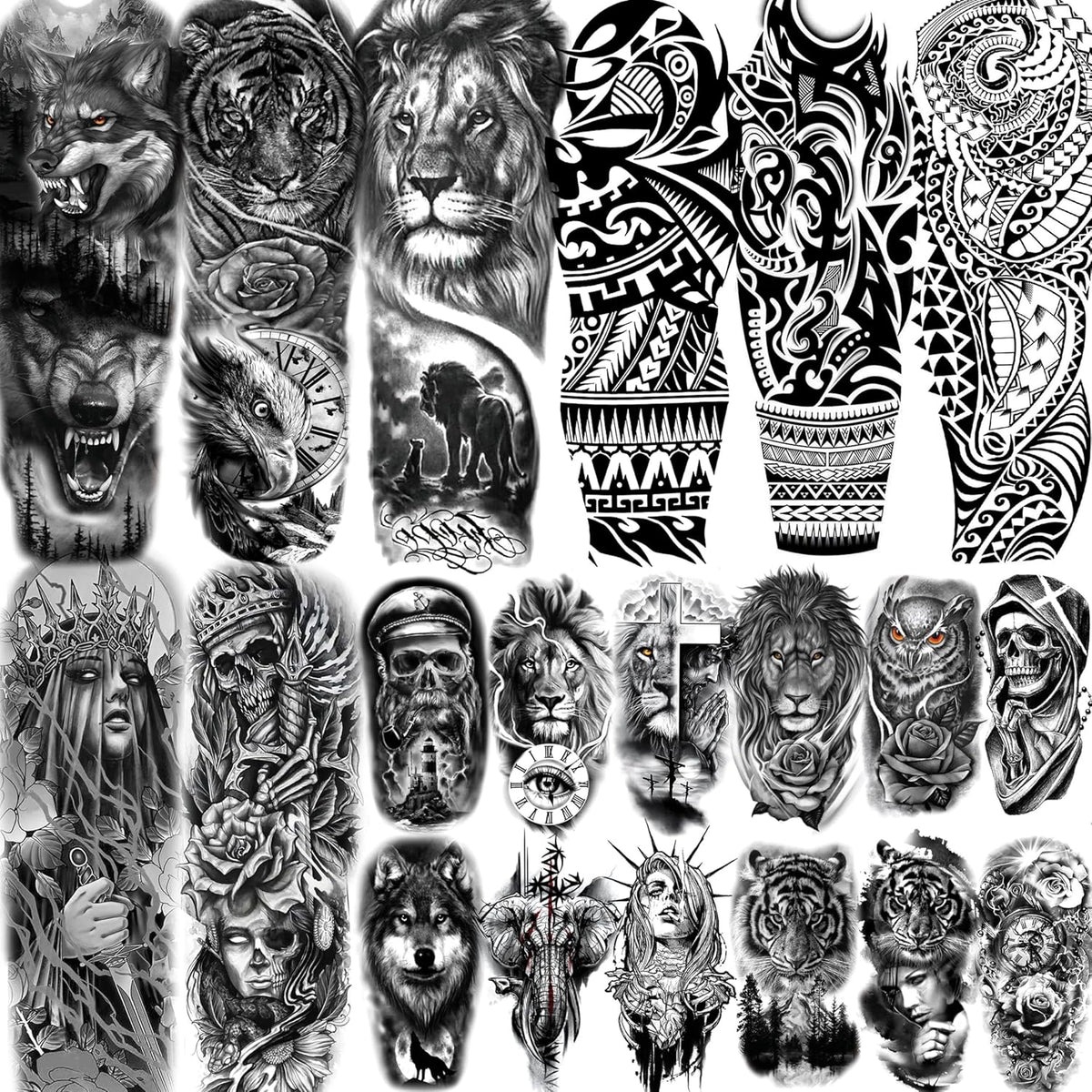 20 Sheets Black Tribal Wolf Tiger Lion Temporary Tattoo Sleeve For Men Adults, 3D Halloween Prison