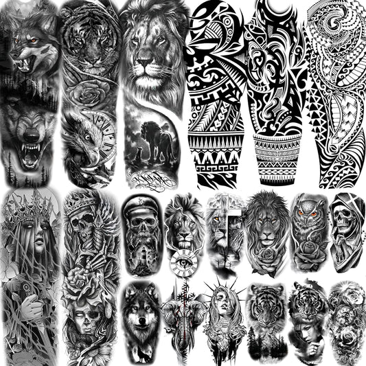 20 Sheets Black Tribal Wolf Tiger Lion Temporary Tattoo Sleeve For Men Adults, 3D Halloween Prison