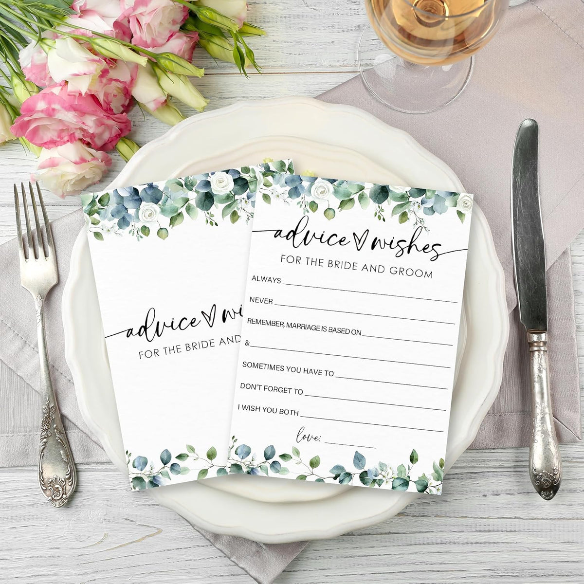 Advice & Wishes - Botanical Bridal Shower Game Cards - 50 Pcs Eucalyptus Leaves Game Cards - Funny