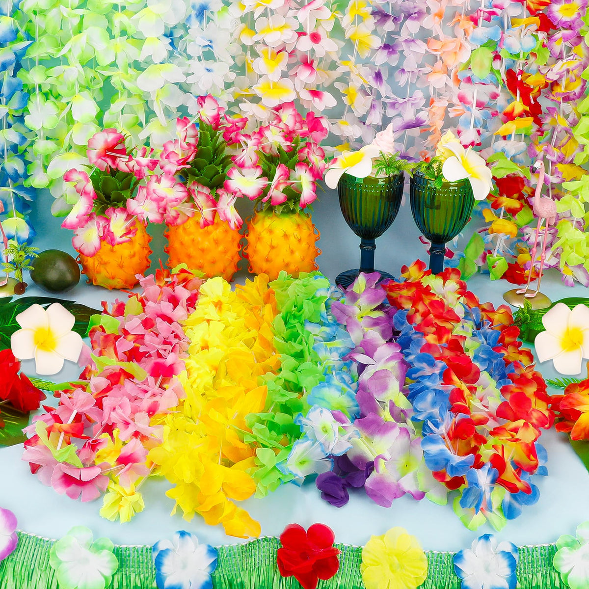 Arrowom 24pcs Hawaiian Leis Bulk Luau Party Silk Flower Necklace Colorful Tropical Hawaiian Bulk