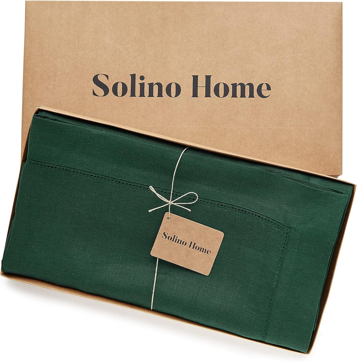 Solino Home Linen Tablecloth 60 x 120 Inch - Classic Hemstitch 100% Pure Linen Rainforest Green