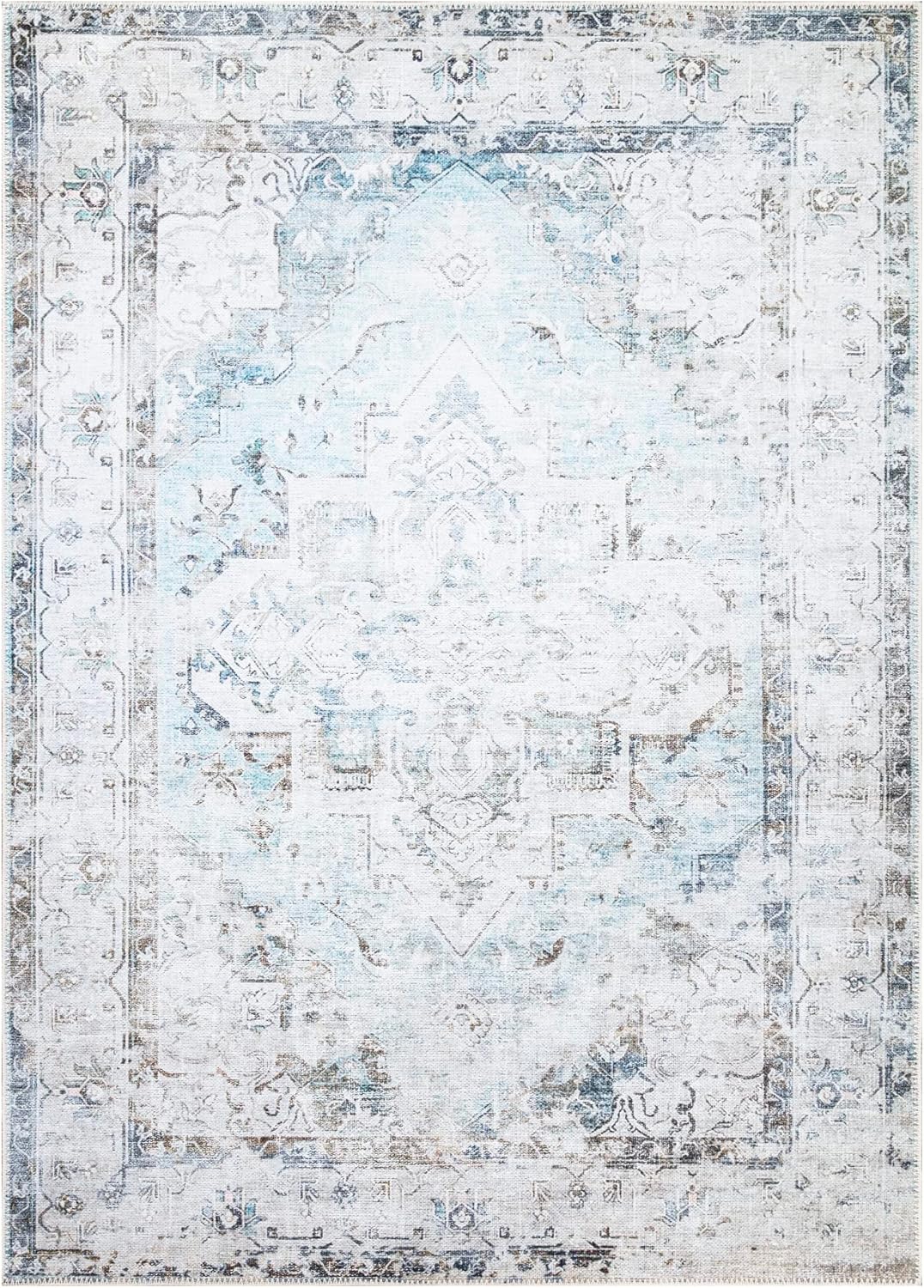 Bloom Rugs Washable Non-Slip 4' x 6' Rug - Beige/Blue Traditional Area Rug for Living Room