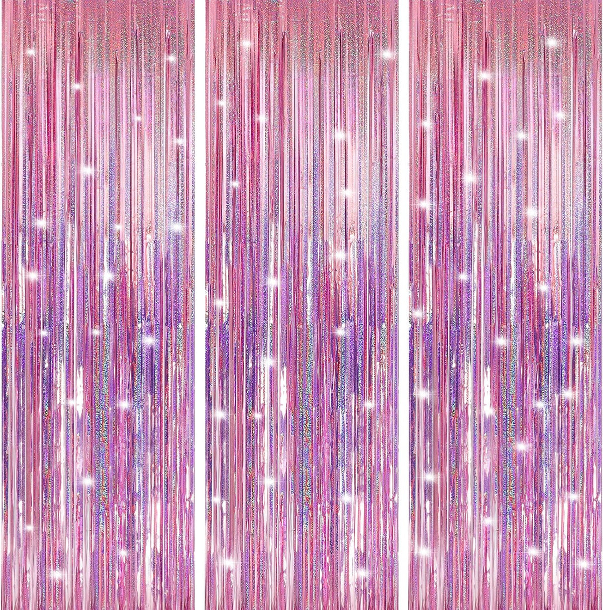 Crosize 7 Pack 3.3 x 9.9 ft Laser Pink Foil Fringe Backdrop Curtain, Streamer Backdrop Curtains
