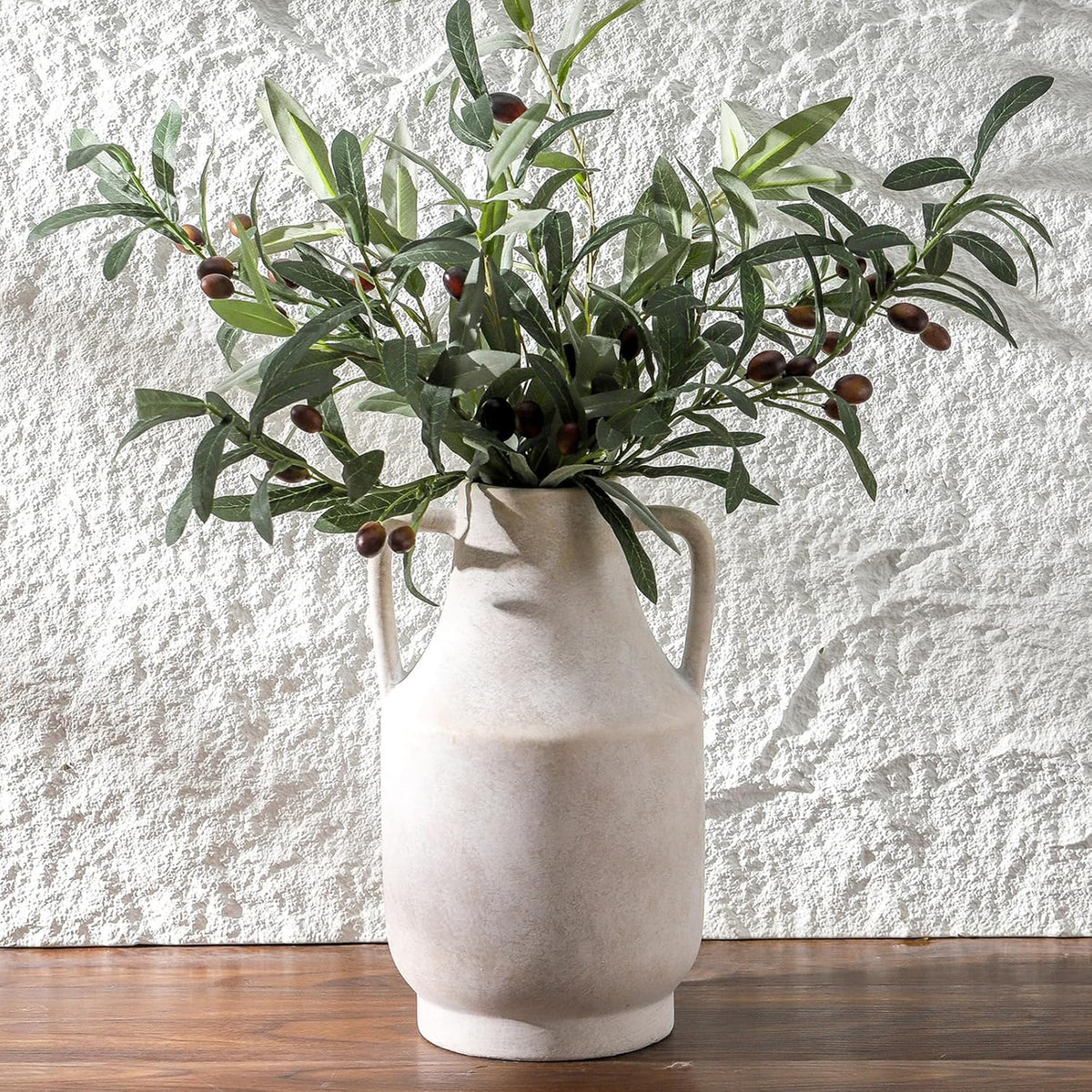 Mitt&Ditt Ceramic Flower Vase with Handles, 11 inch Tall Off-White Vase, Large Decorative