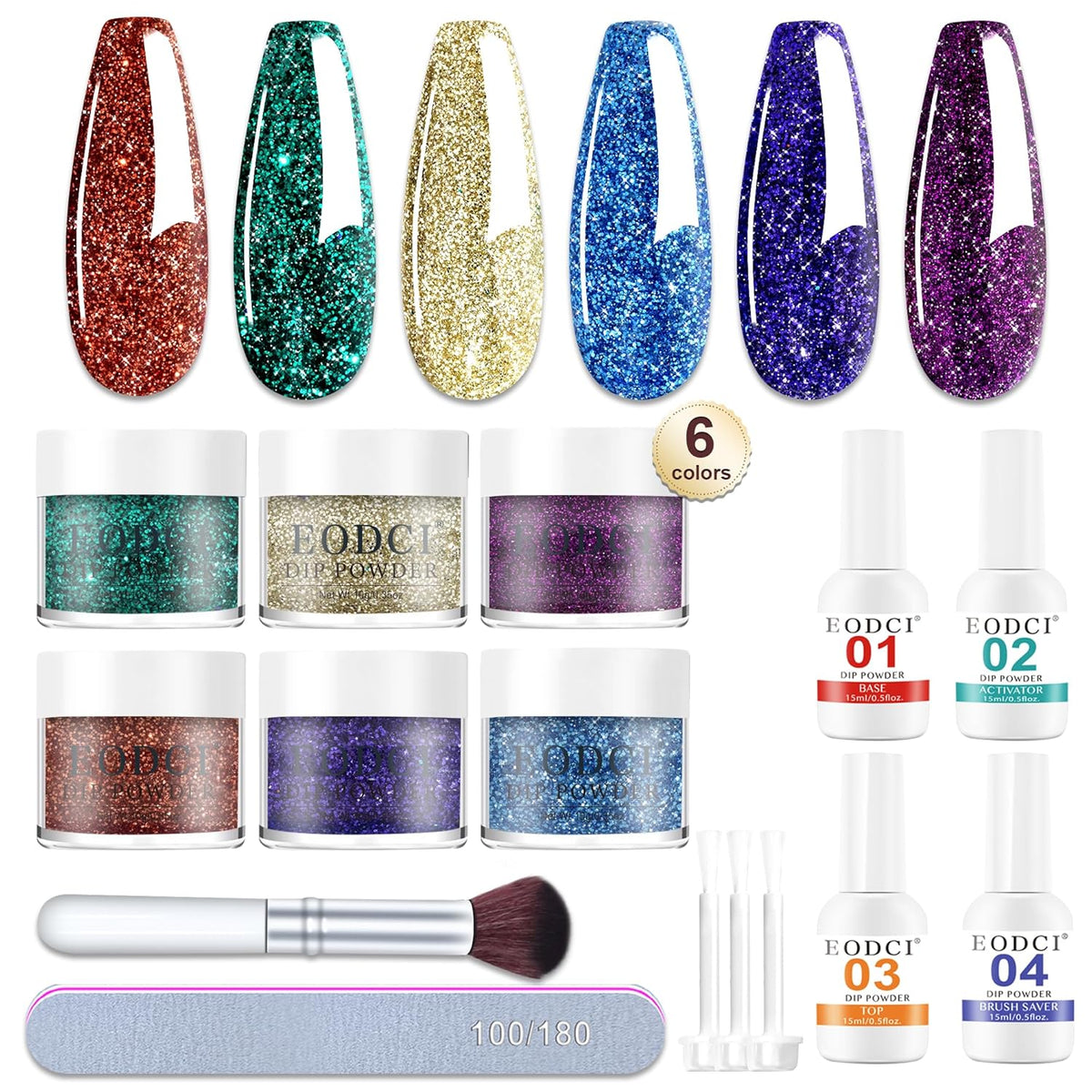 12 Pcs Dip Powder Nail Kit Starter, 6 Colors Glitter Blue Starry Green Sparkle Purple Dipping