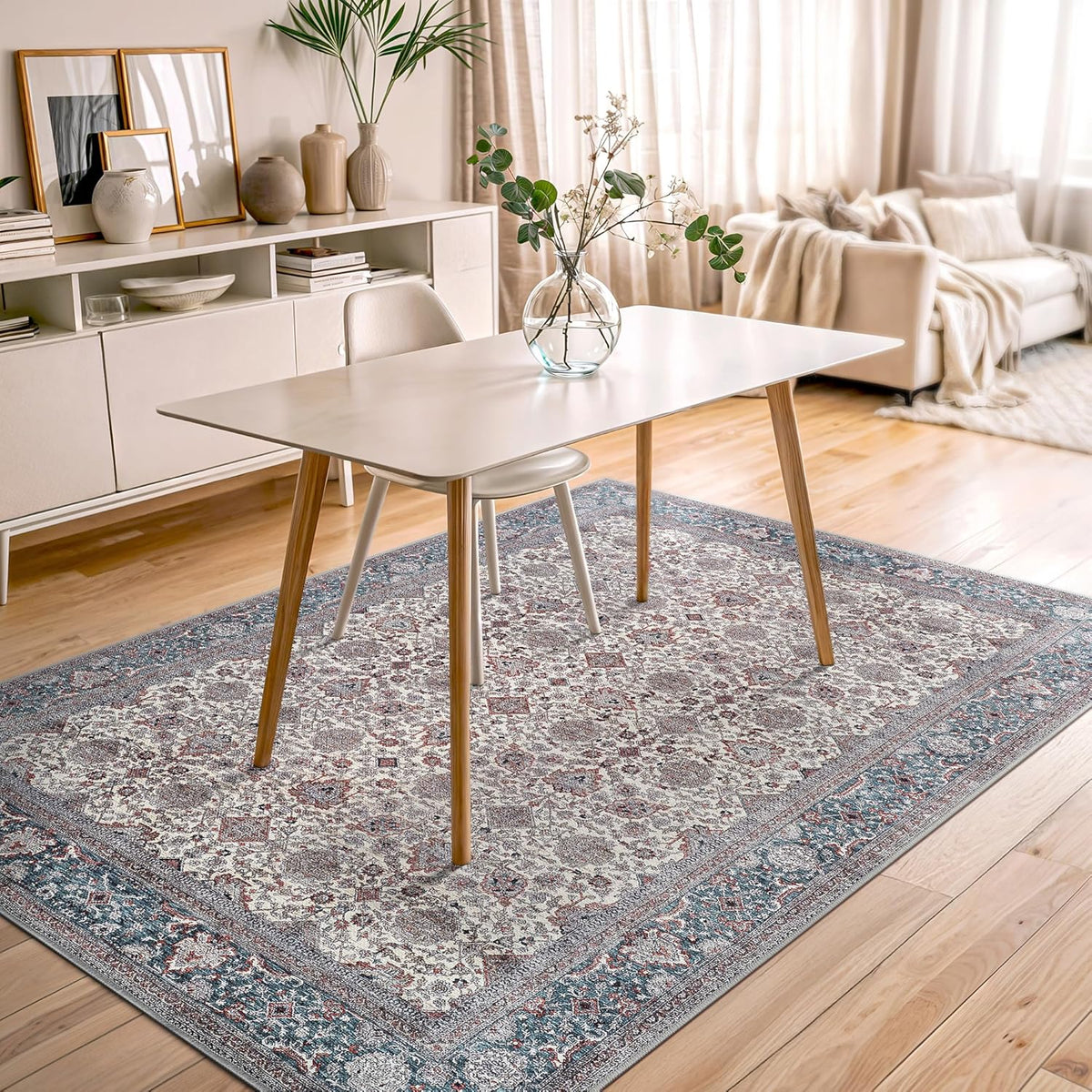 Bloom Rugs Washable Non-Slip 5' x 7' Rug - Teal/Blue/Beige Traditional Oriental Area Rug for Living