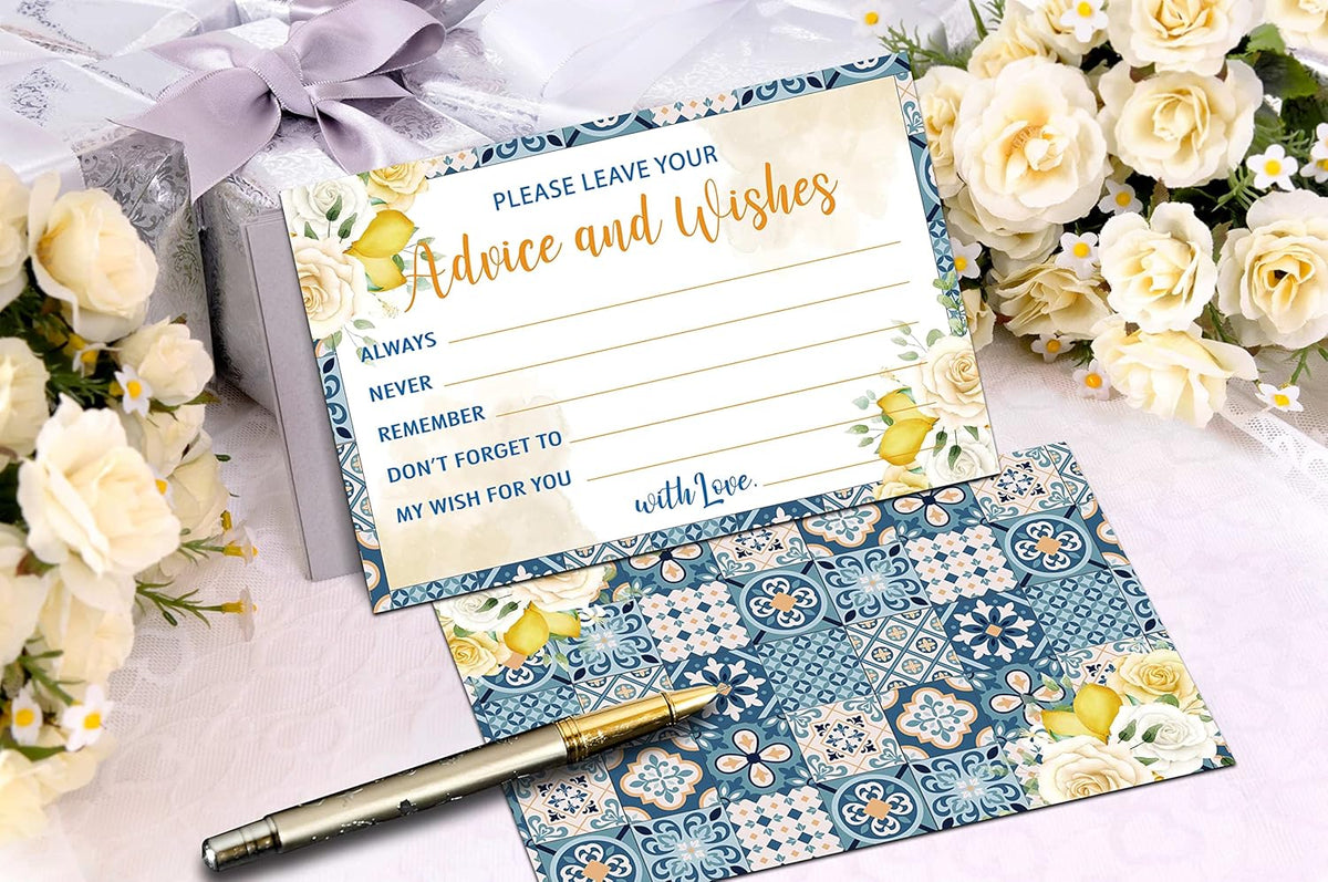 Mediterranean Lemon Advice and Wishes Cards, 25 Pcs Italian Blue Tiles Double Sided Advice Cards