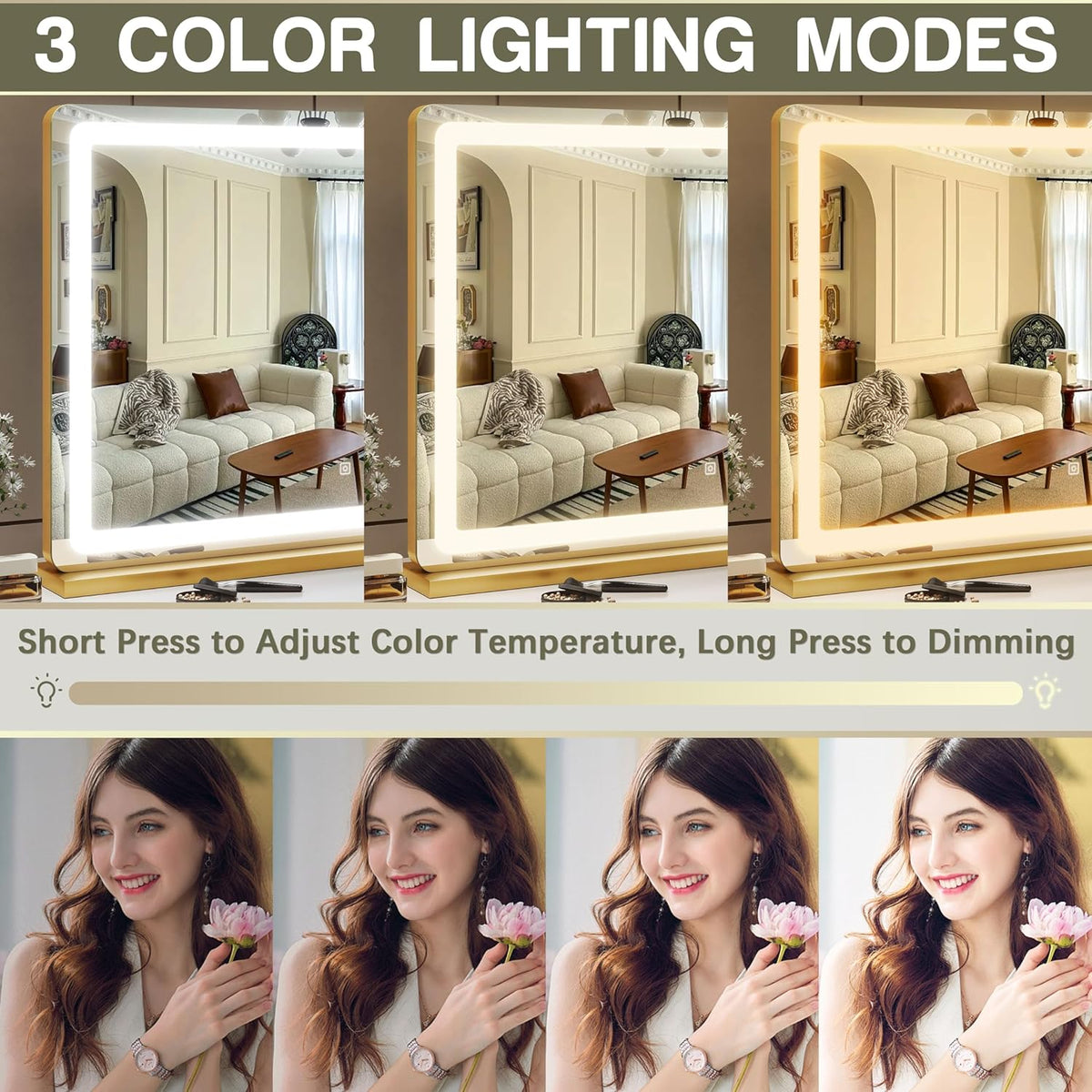 Gold Vanity Mirror with Lights, 32" x 22" Large Lighted Vanity Mirror with Dimmable 3 Modes, LED