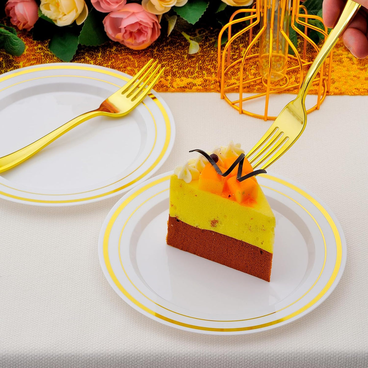 200pcs Gold Dessert Plates with Forks for 100 Guests-100pcs 7.5" Small Plastic Dessert Plates and