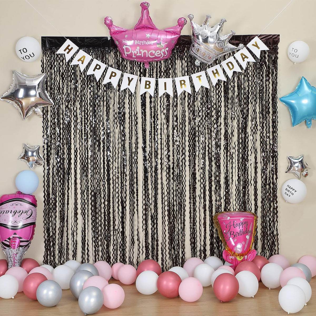 3 Pack New Years Decorations Wavy Black Tinsel Foil Fringe Curtains Party Backdrop 3.3 x 6.6 ft