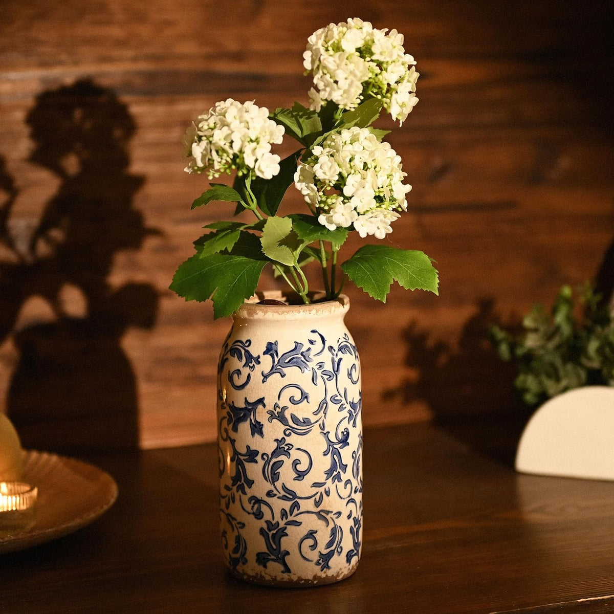 VICTOR & TERESA Rustic Blue and White Vase for Home Decor, Ceramic Vases for Flowers, Modern