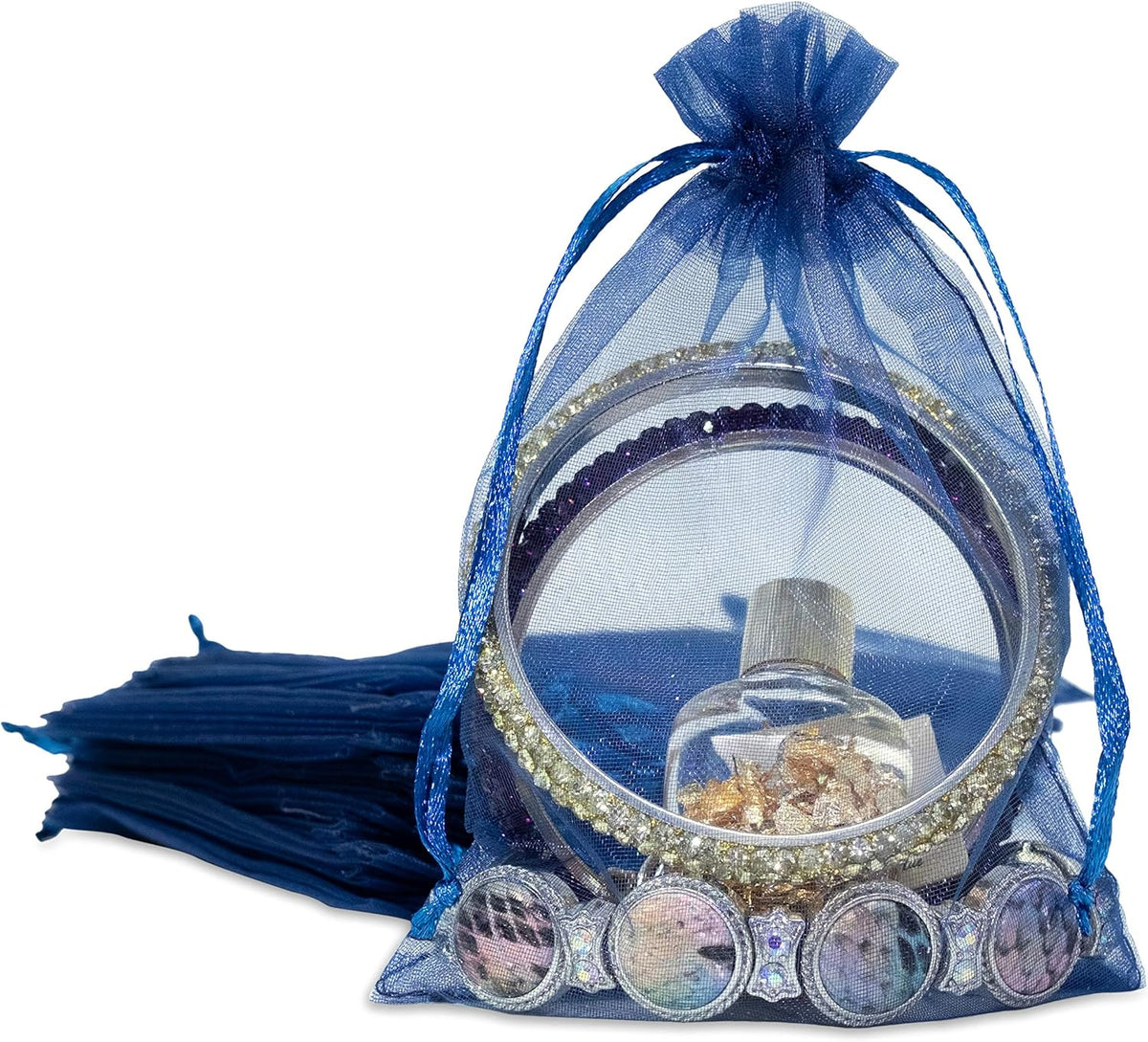 TheDisplayGuys 100-Pack 4x6 Navy Blue Sheer Organza Gift Bags with Drawstring, Jewelry Candy Treat