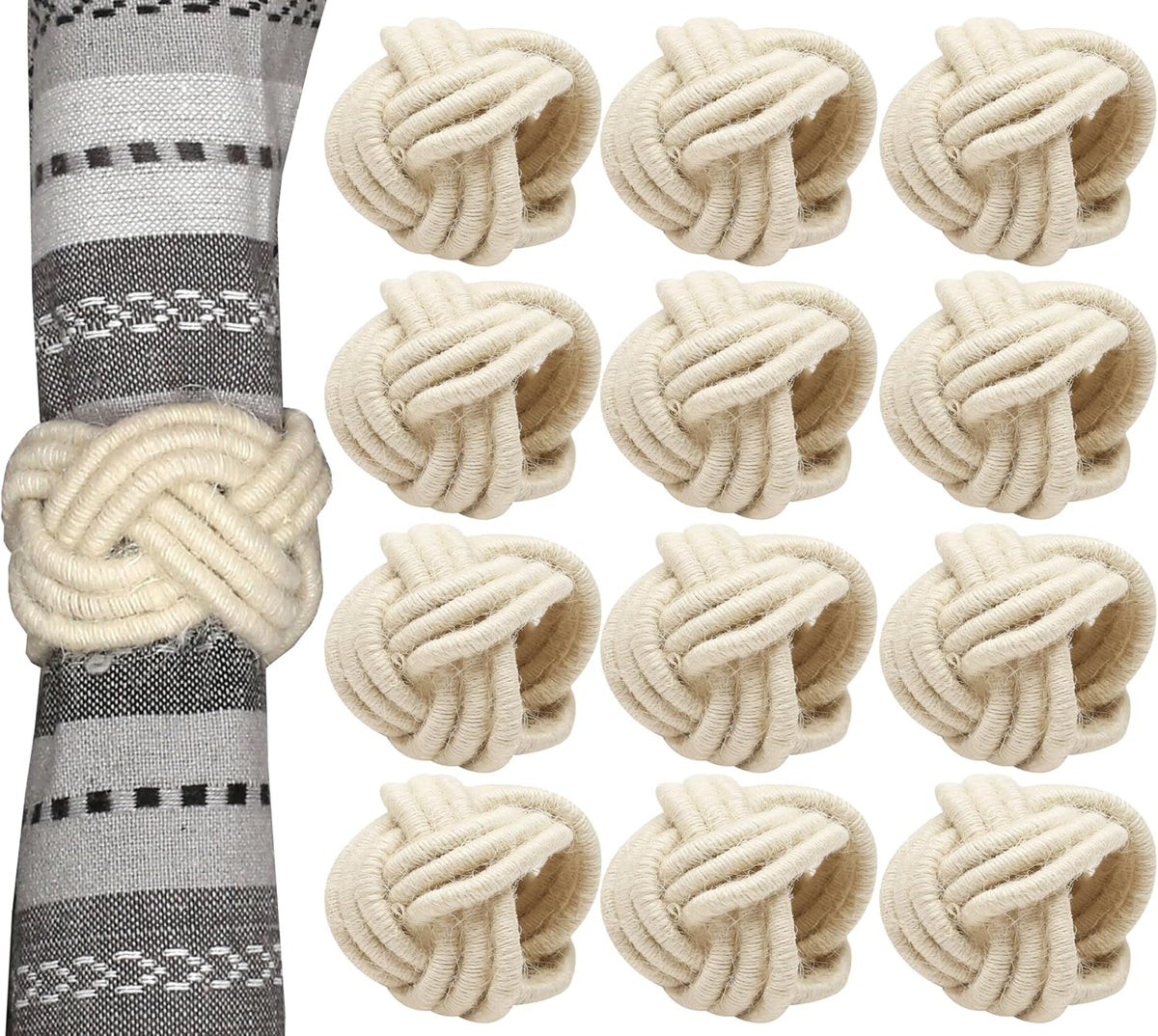 Farmhouse Napkin Ring Set of 12 - Handwoven Cotton & Jute Knot Design for Table Decor, Weddings