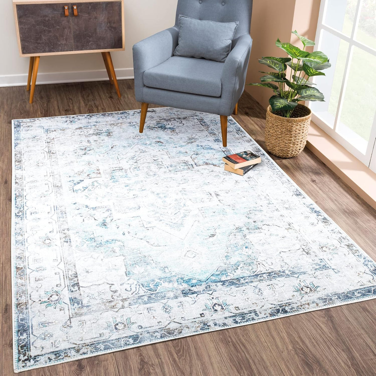 Bloom Rugs Washable Non-Slip 9' x 12' Rug - Beige/Blue Traditional Area Rug for Living Room