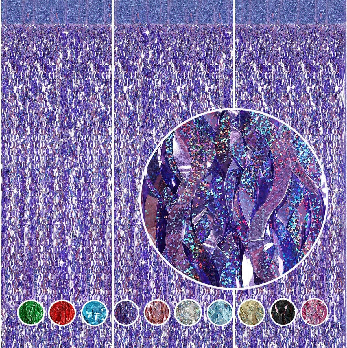 Purple Foil Fringe Curtains Party Decorations - CYLMFC 3 Pack 3.3 ft x 6.6 ft Foil Party Curtain