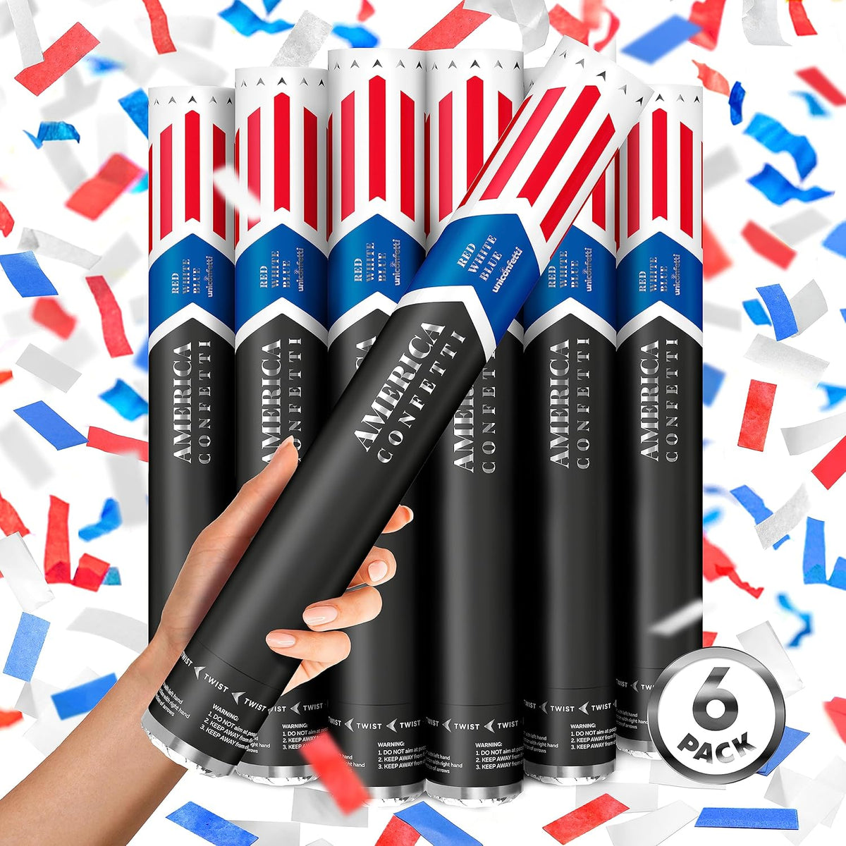16" America Confetti Cannons | Red White & Blue Confetti Poppers [6 Pack] Biodegradable Paper