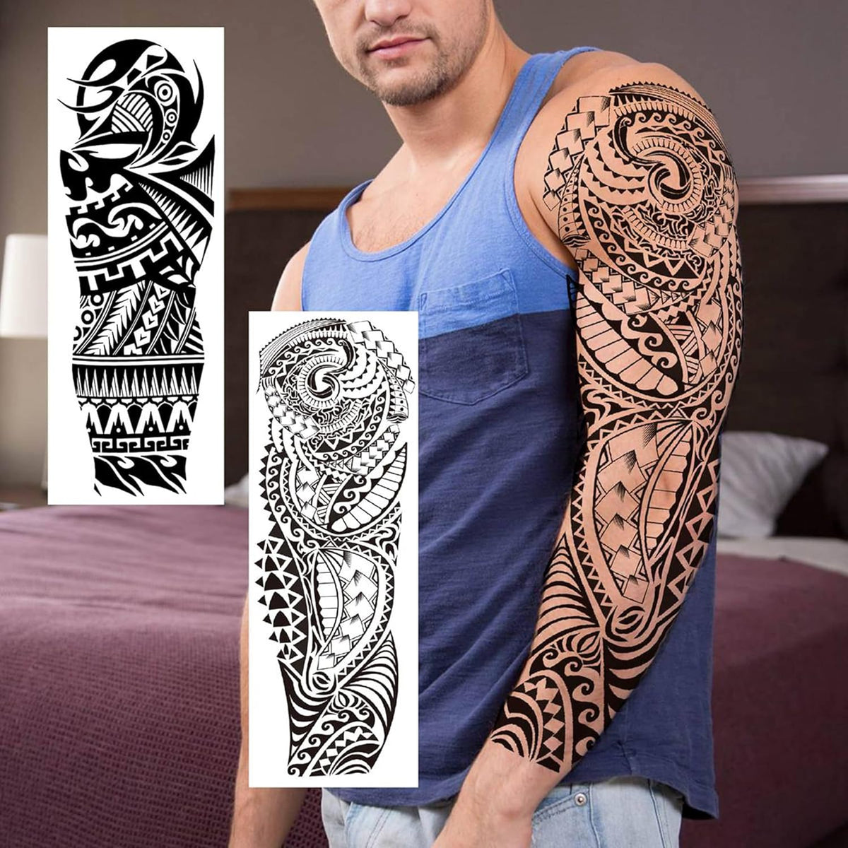 20 Sheets Black Tribal Wolf Tiger Lion Temporary Tattoo Sleeve For Men Adults, 3D Halloween Prison