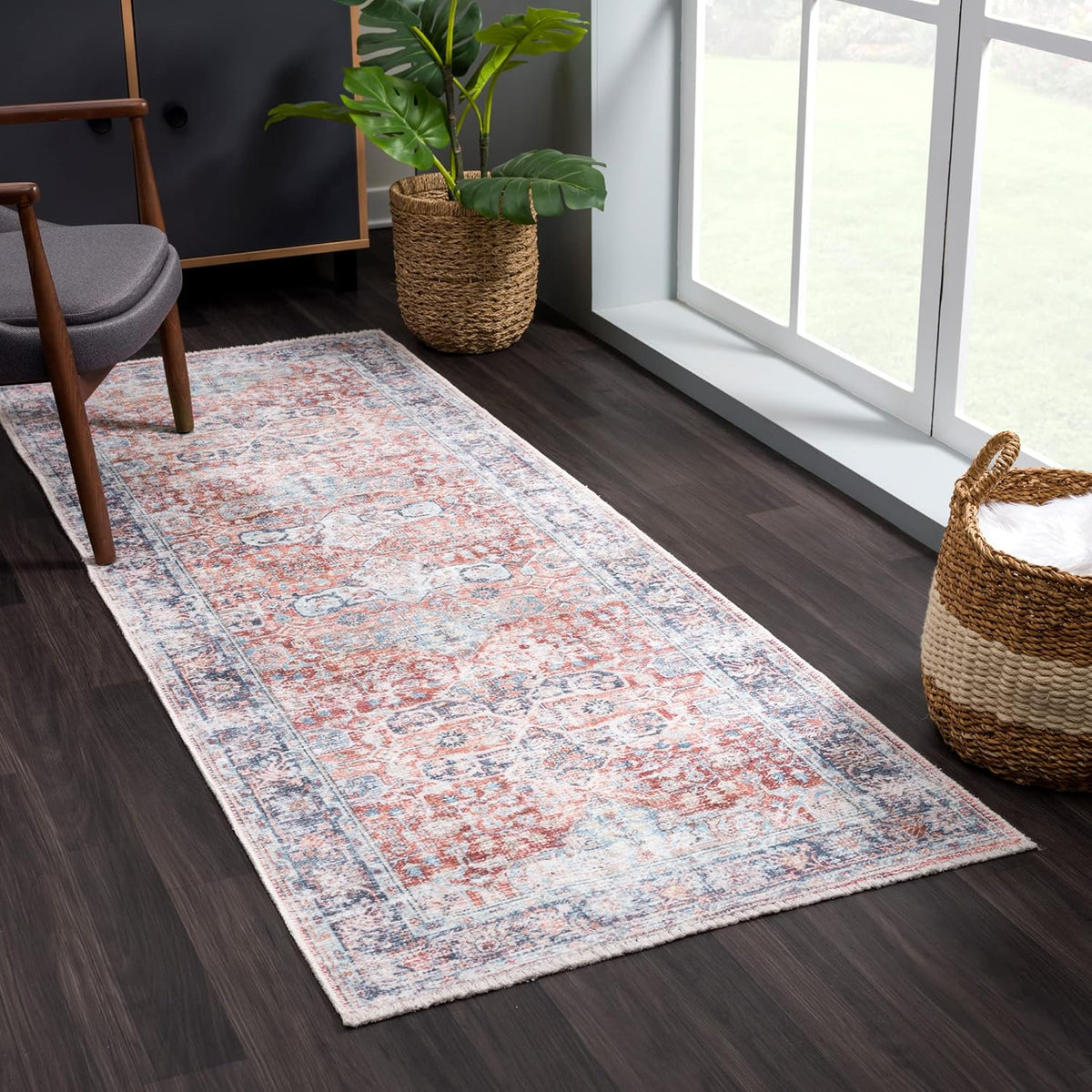 Bloom Rugs Caria Washable Non-Slip 7 ft Runner - Brick/Dark Blue Traditional Runner for Entryway