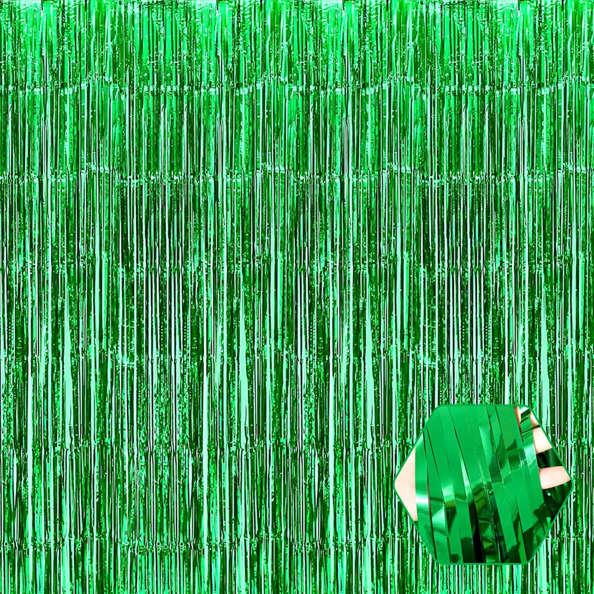 3 Pack Green Foil Fringe Curtain Backdrop, 3.28Ft x 8.2Ft Metallic Tinsel Foil Fringe Streamer