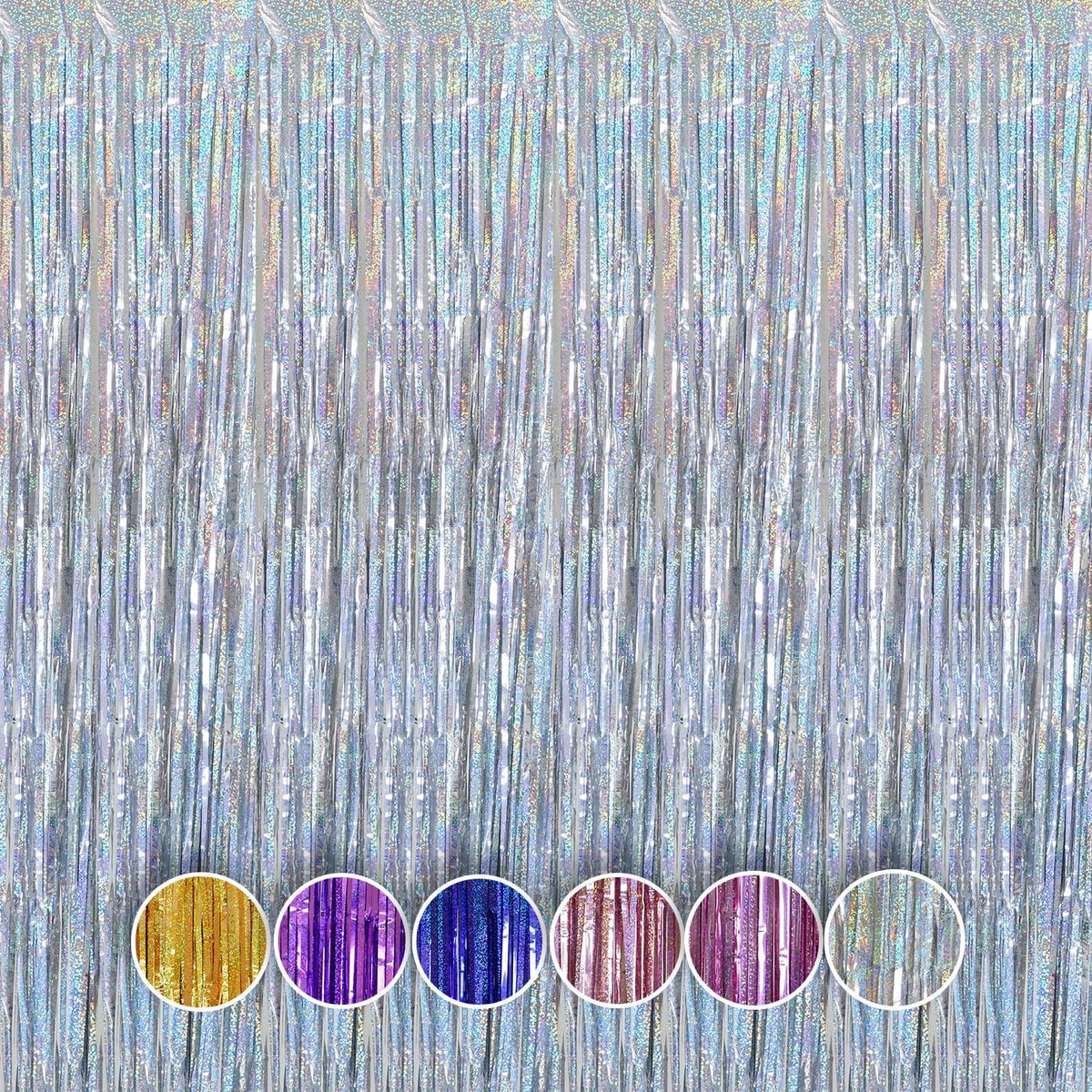 QRabbit 4 Pack Foil Curtain Backdrop, Silver Metallic Tinsel Foil Fringe Curtains, Party Streamers