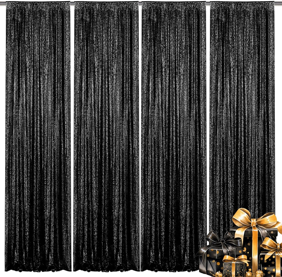 Black Sequin Backdrop Curtain 4 Pieces 2FTx8FT Glitter Photography Backdrop for Party Wedding