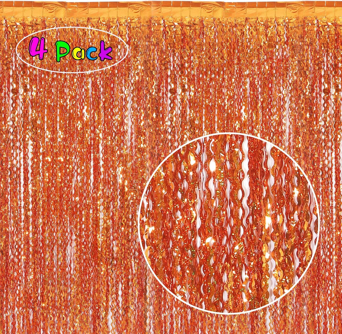 4 Pack Orange Wavy Metallic Tinsel Foil Fringe Curtains | 3.3 ft x 6.6 ft Party Streamer Backdrop