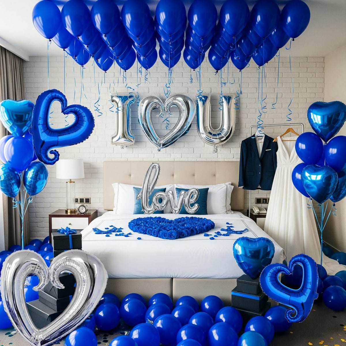 I Love You Balloons for Him/Her Balloons Royal Blue Sliver romantic balloon kit with blue heart