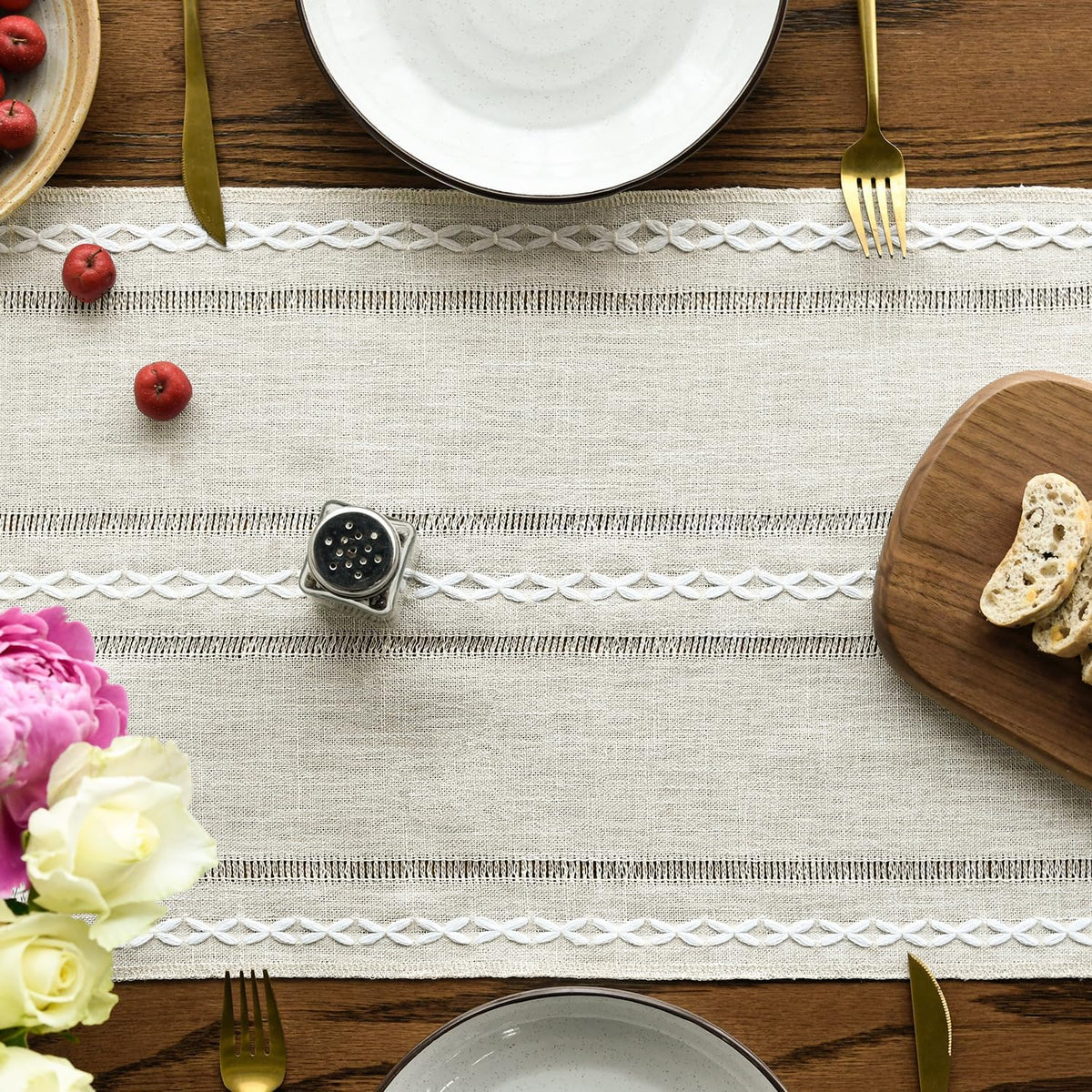 Artoid Mode Beige Rustic Cotton Linen Table Runner, Seasonal Embroidered Hollow Kitchen Dining