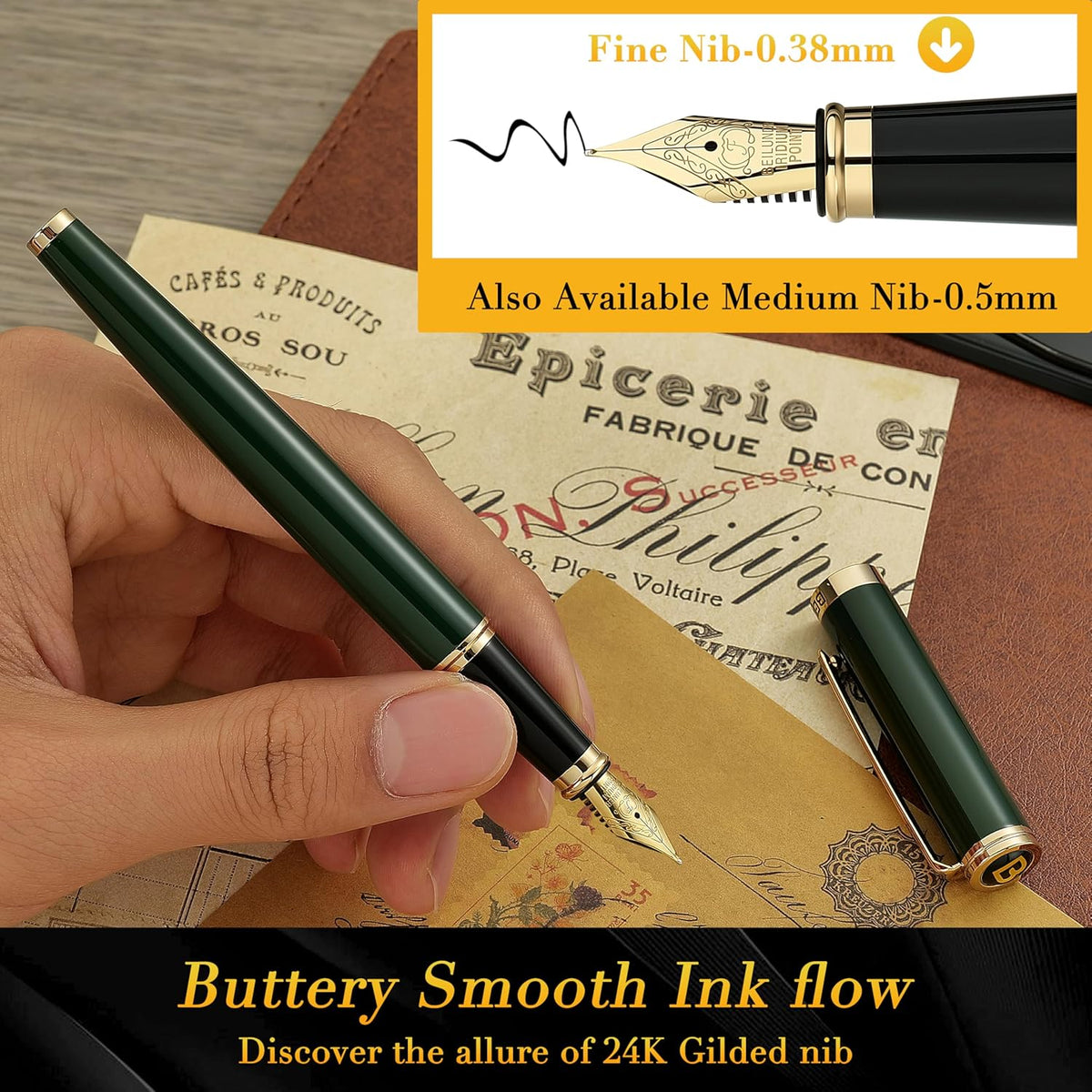 BEILUNER Racing Green Fountain Pen,Stunning Luxury Pens with 24K Gold Finish, Gorgeous 24K Gilded