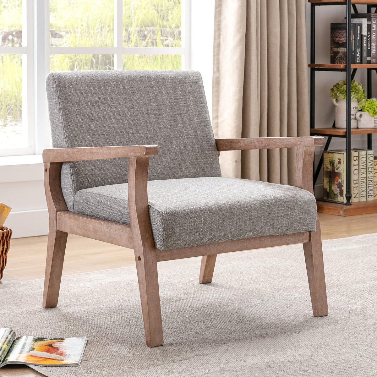 Mid Century Modern Accent Chair, Linen Upholstered Living Room Accent Armchair with Wood Frame