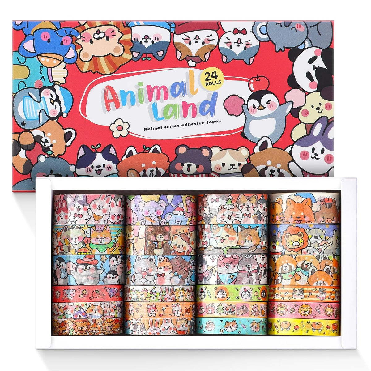24 Rolls Colorful Cute Cartoon Animal Writable Washi Tape Set, Decorative Tapes for Scrapbooking