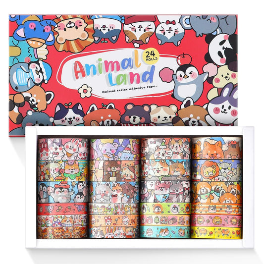 24 Rolls Colorful Cute Cartoon Animal Writable Washi Tape Set, Decorative Tapes for Scrapbooking