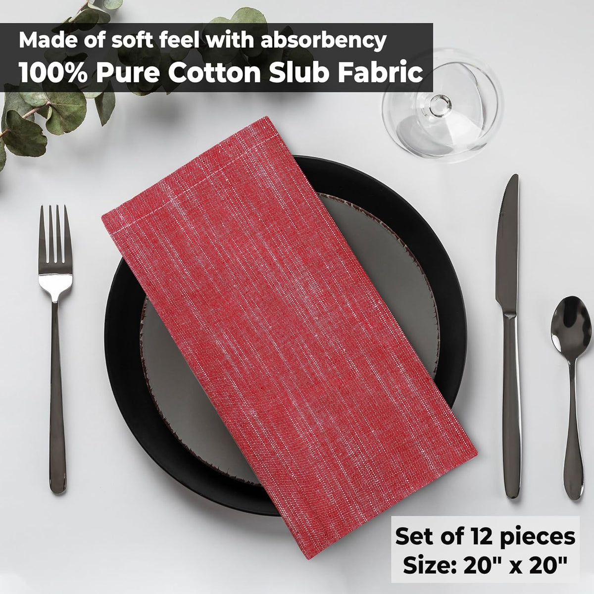 Urban Villa Dinner Napkins Red White Chambray Cloth Napkins (Set of 12) Oversized 20x20 Inches 100%
