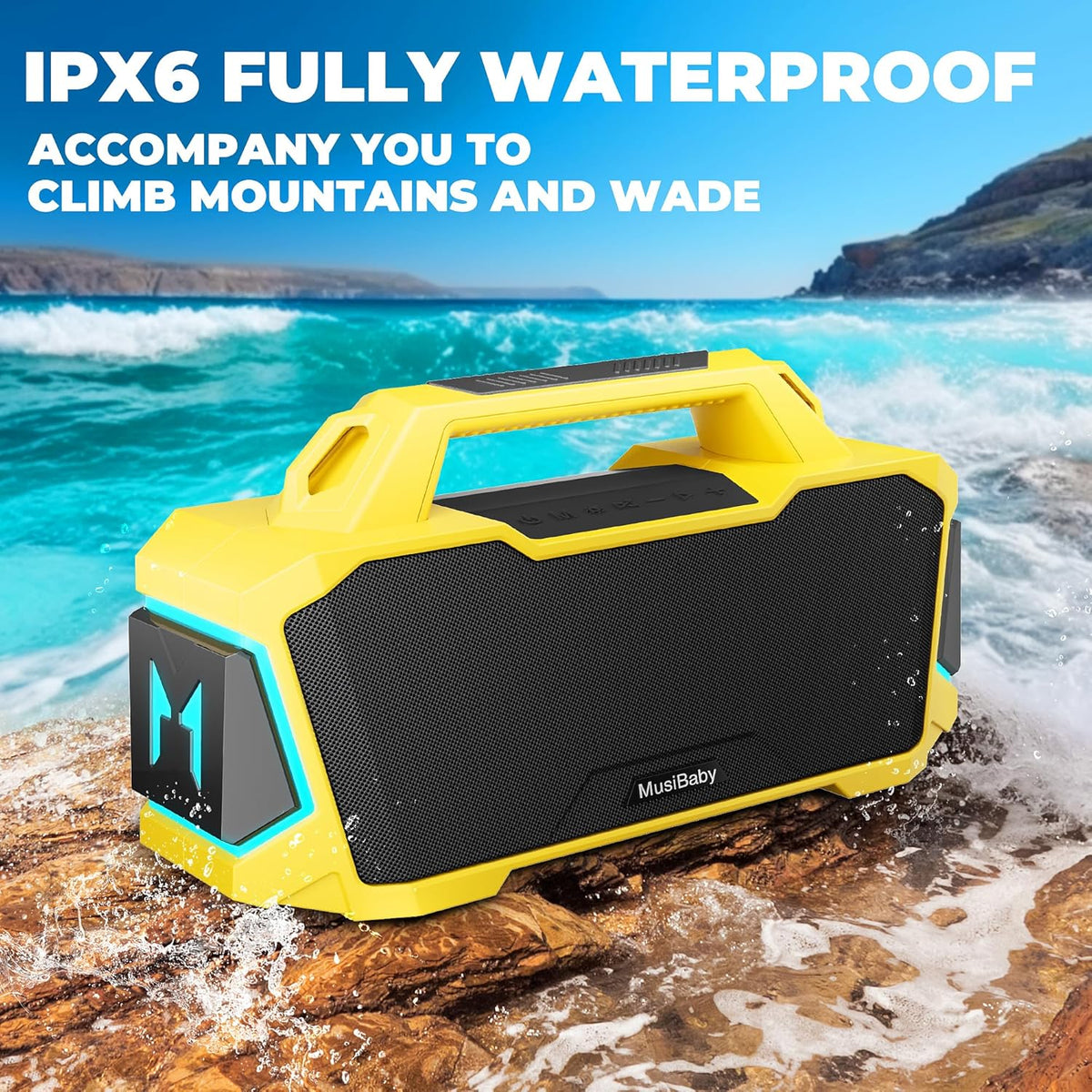 MusiBaby M1 Portable Bluetooth Speaker Yellow, Loud Stereo Sound Subwoofer Deep Bass, IPX6