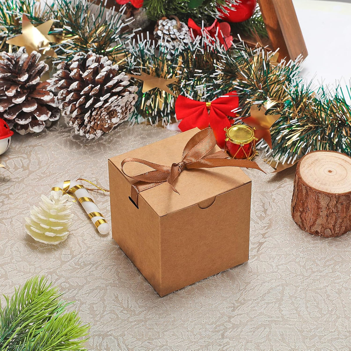 DOYIDE 60 Pcs Small Gift Boxes, 3x3x3 inches Kraft Paper Gift Box with Ribbons, Brown Candy Boxes