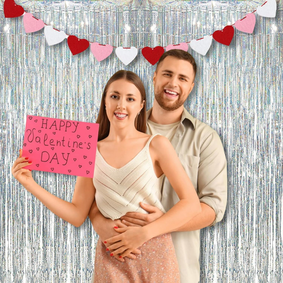 BRAVESHINE Silver Streamers Party Backdrop Decorations - 2Pcs 3.2x8.2ft Tinsel Foil Fringe Curtain