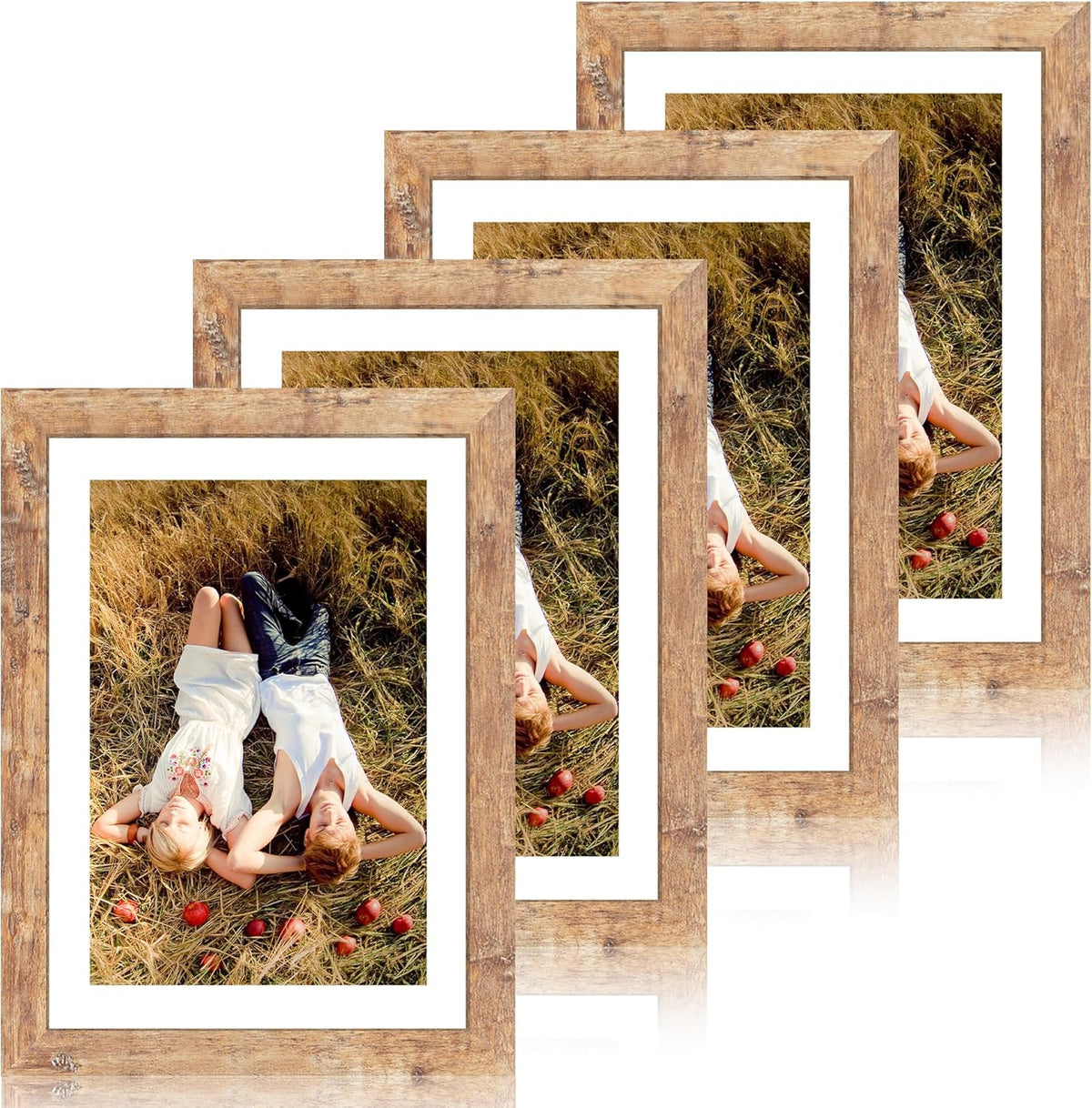 10x14 Picture Frame Set of 4 with Tempered Glass, Rustic Brown Frame Display 8x12 Pictures with Mat