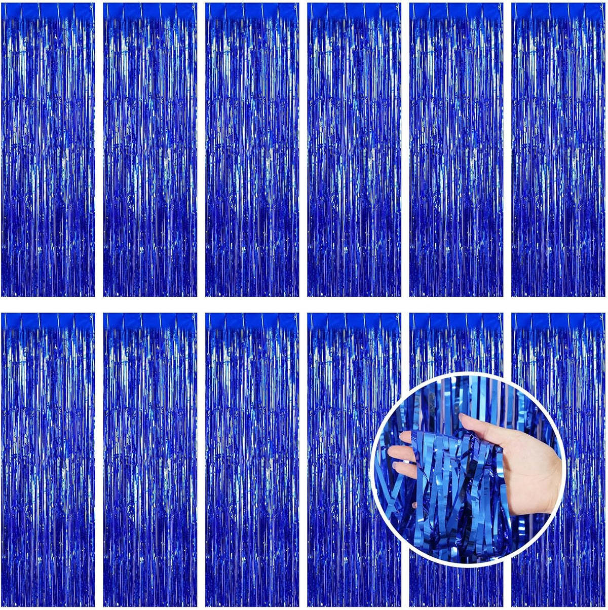 Blue Fringe Curtain Party Streamers, 12 Pack 3.3ft x 8.2 ft Foil Curtain Backdrop Tinsel Foil
