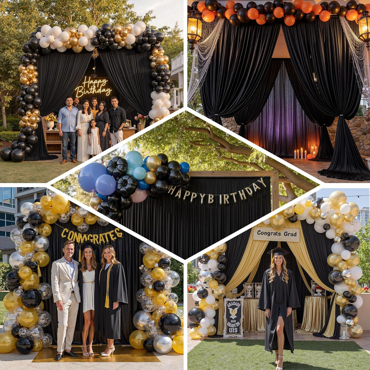 PartyVillage 20ft×15ft Black Backdrop Curtain for Halloween Parties, 4 Panels Wrinkle Free 15 FT