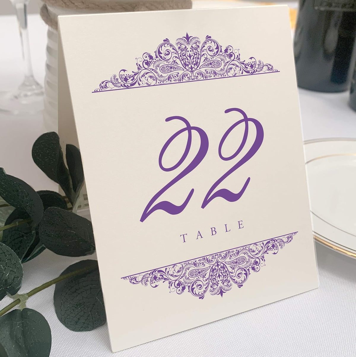 Paisley Wedding Table Numbers (Select Color/Quantity), Champagne, Purple, 1-10, Double Sided, Tent
