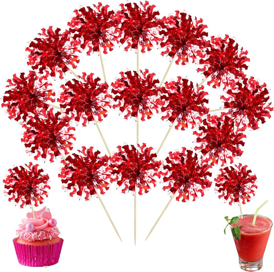 Ephlyn 30Pcs Foil Firework Cupcake Toppers Happy Birthday Cake Toppers Tinsel Flower Drink Stirrers